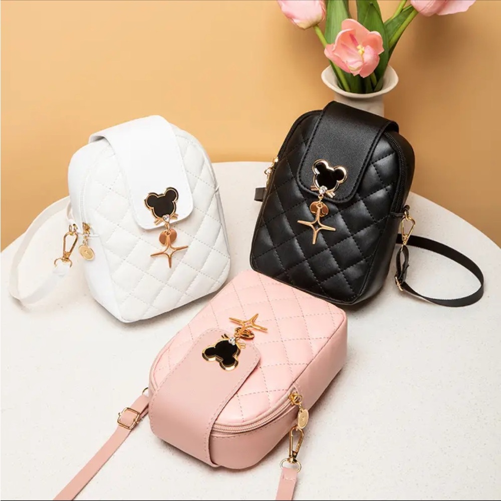 Mini Quilted Mouse Decor Crossbody Bag, PU Leather Textured Bag, Classic